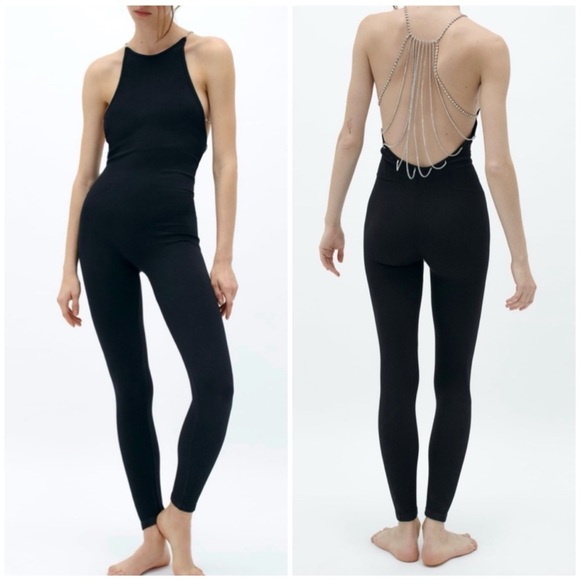Zara  Seamless Long Jewel Jumpsuit Black NEW - Picture 1 of 6